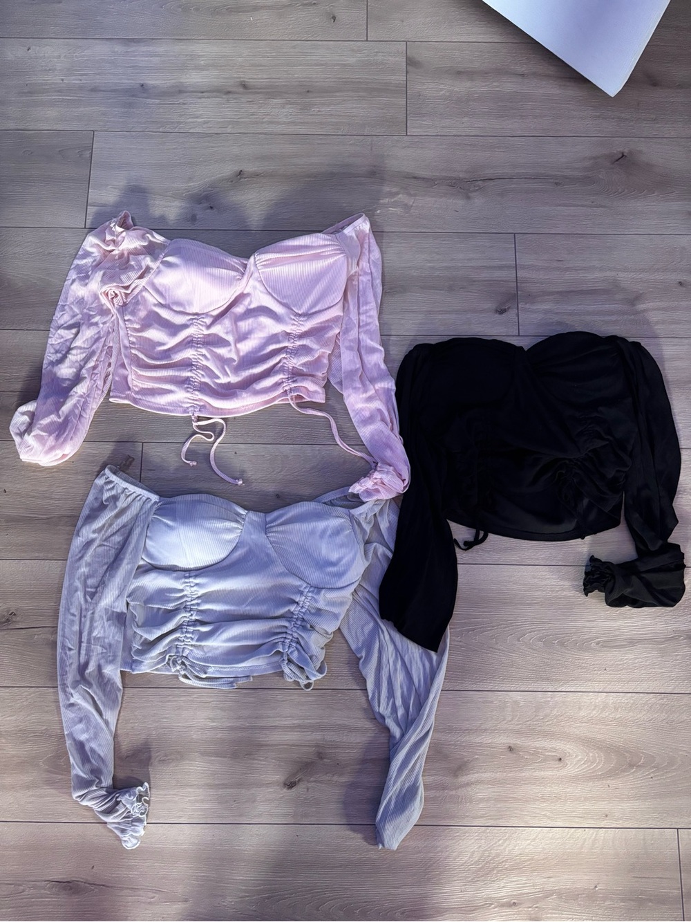 Hot Topic Long Sleeve Ruched Satin Crop Top - Pink, White, Black